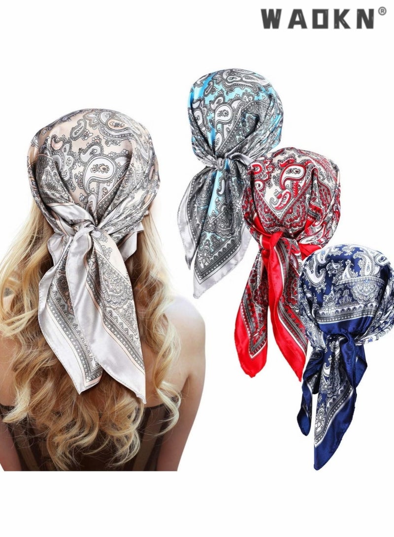 WAOKN 4PCS Satin Silk Head Scarves, Retro Cashew Print Small Square Scarf for Women's Decoration,Square Feeling Scarf Boho Hair Bandanas for Women Sleeping Headscarf Bundle(60 x 60cm)  - Image 1