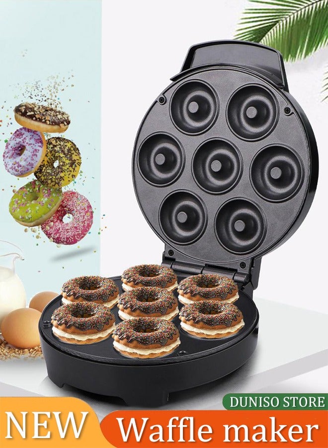DUNISO Donut maker, electric pancake maker, 7 hole waffle maker, non stick surface, double sided heating, 1000w, suitable for breakfast baking restaurant kitchens, black  - Image 1