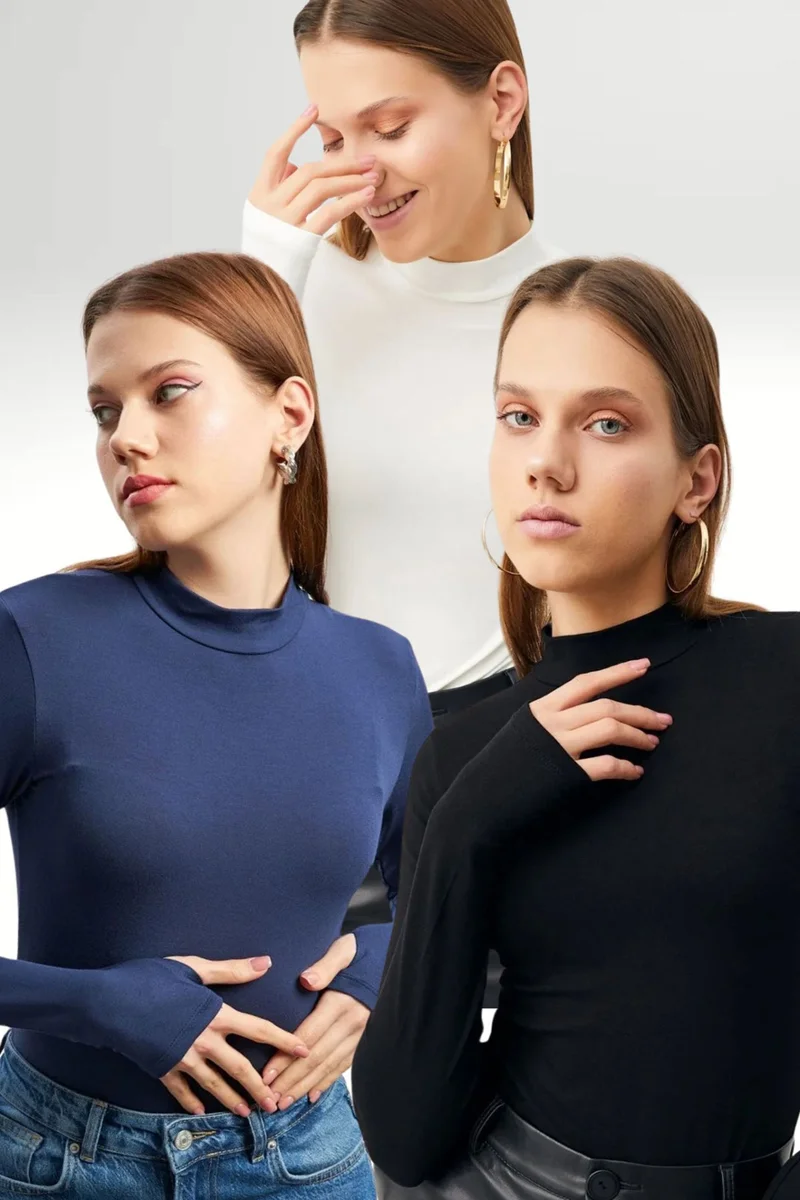 بيبانتولون BIPANTOLON Women's 3-Pack Slim Fit Half Turtleneck Bodysuits