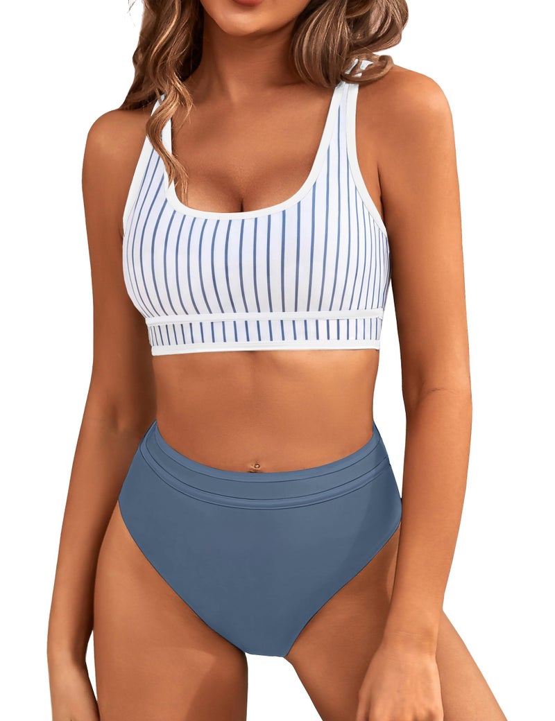 BMJL Women's High Waisted Bikini Sets Sporty Two Piece Swimsuits Color Block Cheeky High Cut Bathing Suits(M,Blue Striped) - Image 1