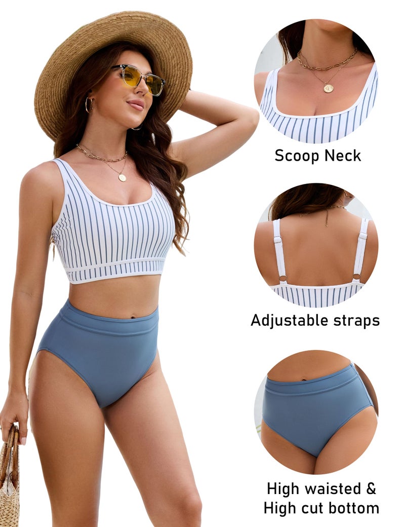 BMJL Women's High Waisted Bikini Sets Sporty Two Piece Swimsuits Color Block Cheeky High Cut Bathing Suits(M,Blue Striped) - Image 4