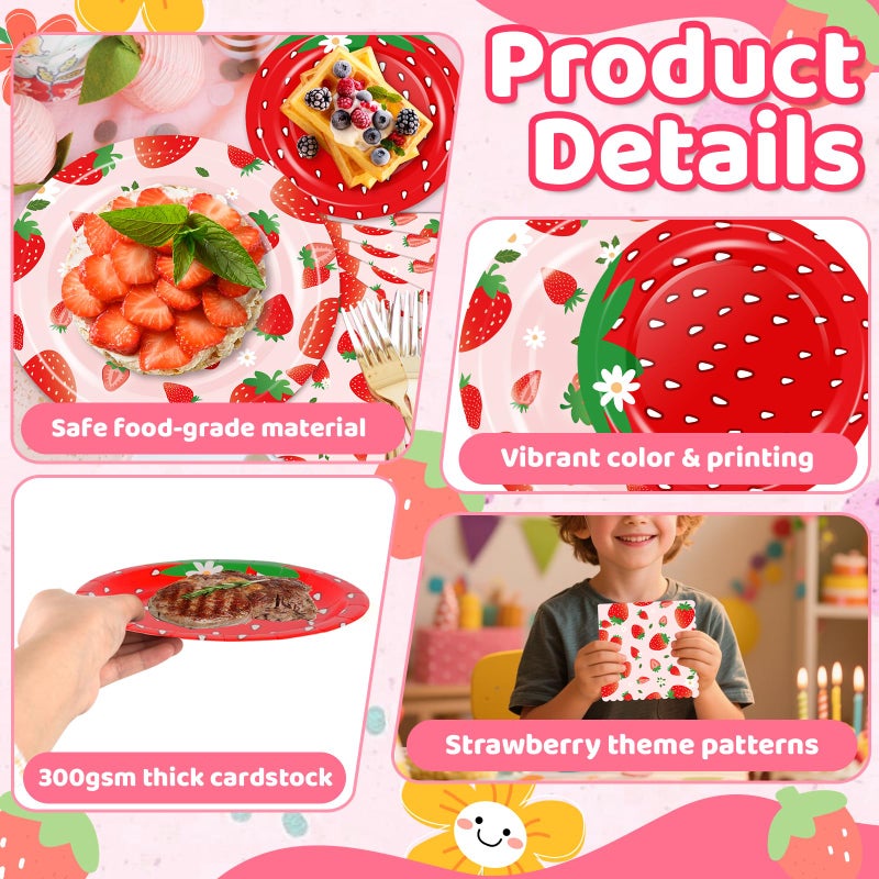 73Hours Strawberry Birthday Decorations, 75 Pcs Disposable Fruit Paper Plates and Napkins Tableware Set for Summer Sweet One 1st Baby Shower Berry First Strawberry Themed Party Supplies, Serves 25 - Image 4