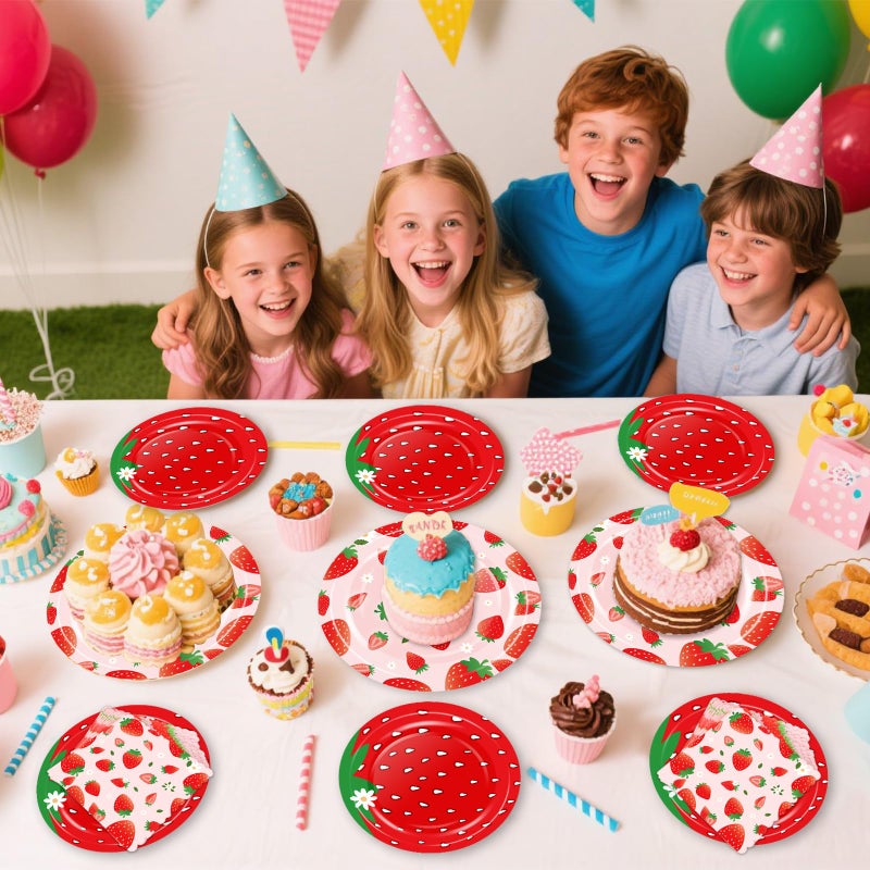 73Hours Strawberry Birthday Decorations, 75 Pcs Disposable Fruit Paper Plates and Napkins Tableware Set for Summer Sweet One 1st Baby Shower Berry First Strawberry Themed Party Supplies, Serves 25 - Image 5