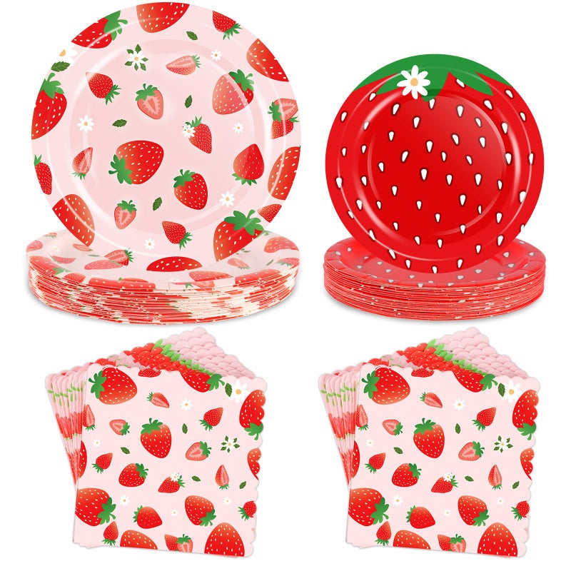 73Hours Strawberry Birthday Decorations, 75 Pcs Disposable Fruit Paper Plates and Napkins Tableware Set for Summer Sweet One 1st Baby Shower Berry First Strawberry Themed Party Supplies, Serves 25 - Image 1