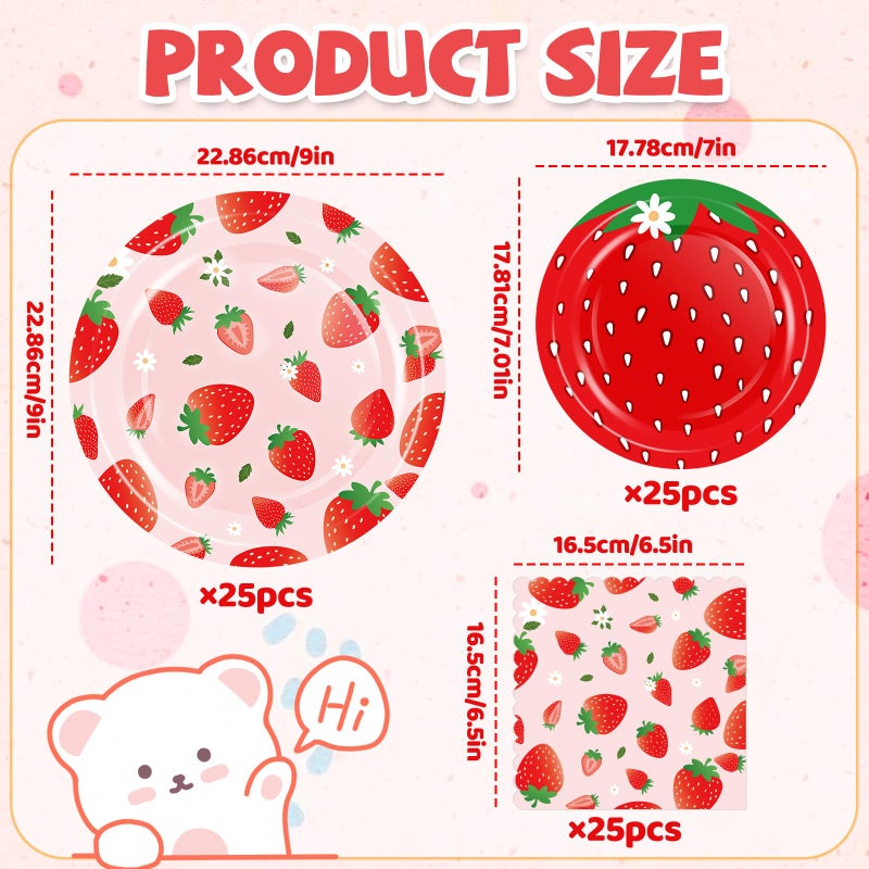 73Hours Strawberry Birthday Decorations, 75 Pcs Disposable Fruit Paper Plates and Napkins Tableware Set for Summer Sweet One 1st Baby Shower Berry First Strawberry Themed Party Supplies, Serves 25 - Image 3