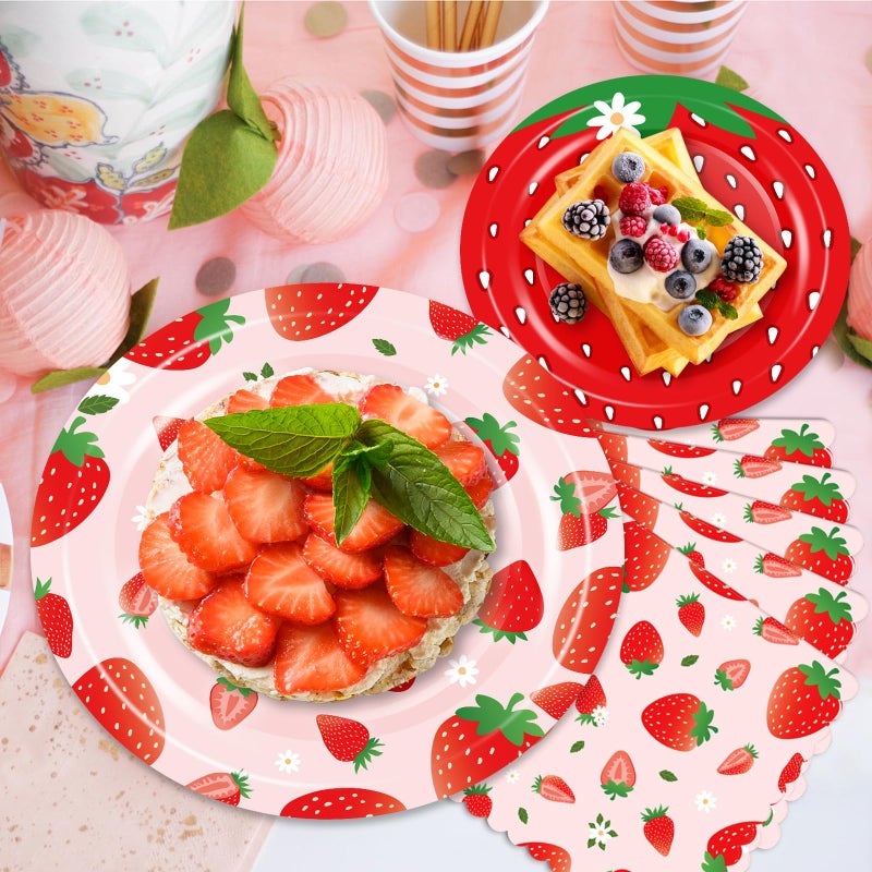 73Hours Strawberry Birthday Decorations, 75 Pcs Disposable Fruit Paper Plates and Napkins Tableware Set for Summer Sweet One 1st Baby Shower Berry First Strawberry Themed Party Supplies, Serves 25 - Image 2