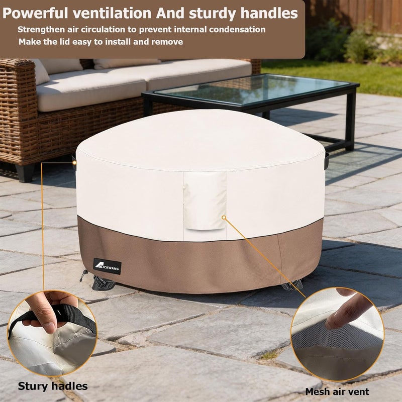 Firepit Covers Round, Outdoor Heavy Duty Durable 600D Tear-Resistant 100% Waterproof 32-34 Inch Fire Pit Cover, Patio Weatherproof Fire Table Protector, Beige 34"x15" - Image 5
