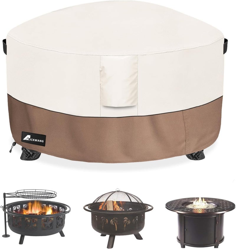 Firepit Covers Round, Outdoor Heavy Duty Durable 600D Tear-Resistant 100% Waterproof 32-34 Inch Fire Pit Cover, Patio Weatherproof Fire Table Protector, Beige 34"x15" - Image 1