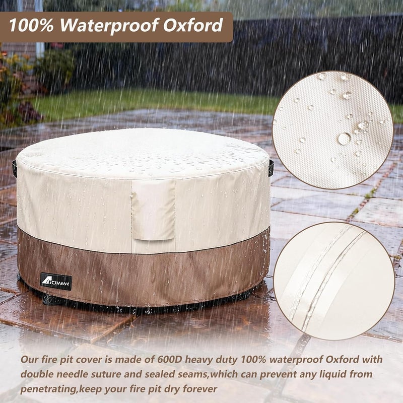 Firepit Covers Round, Outdoor Heavy Duty Durable 600D Tear-Resistant 100% Waterproof 32-34 Inch Fire Pit Cover, Patio Weatherproof Fire Table Protector, Beige 34"x15" - Image 3