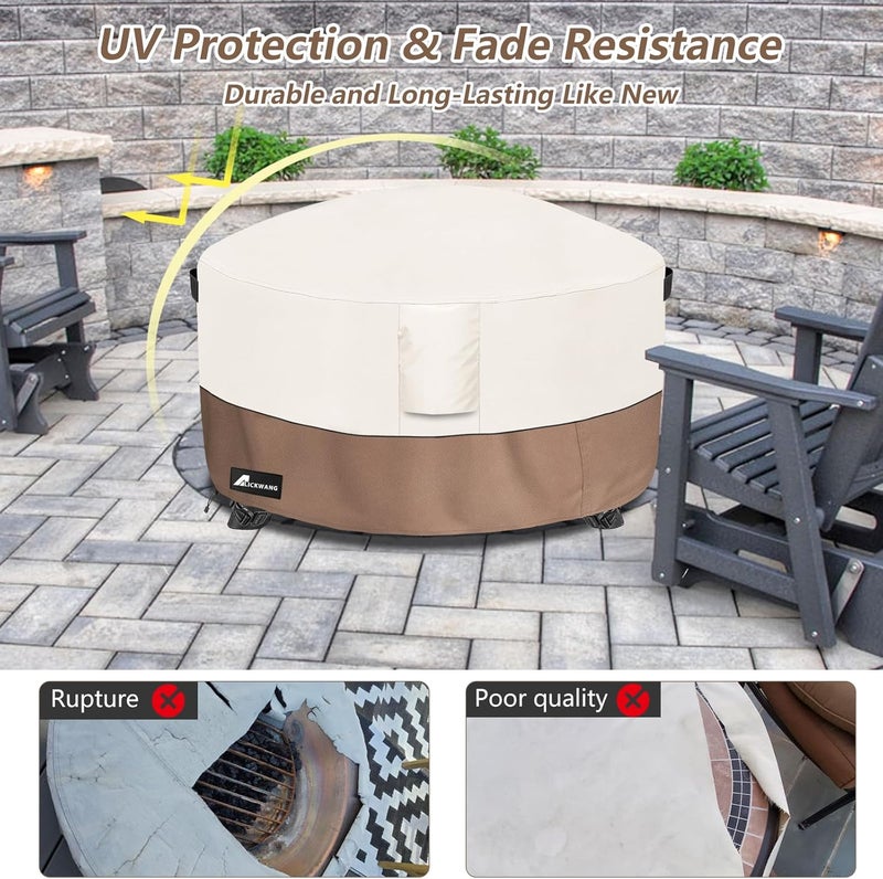 Firepit Covers Round, Outdoor Heavy Duty Durable 600D Tear-Resistant 100% Waterproof 32-34 Inch Fire Pit Cover, Patio Weatherproof Fire Table Protector, Beige 34"x15" - Image 4