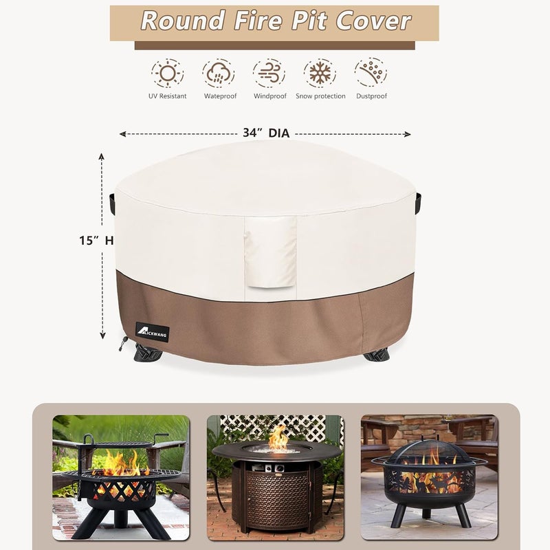 Firepit Covers Round, Outdoor Heavy Duty Durable 600D Tear-Resistant 100% Waterproof 32-34 Inch Fire Pit Cover, Patio Weatherproof Fire Table Protector, Beige 34"x15" - Image 2