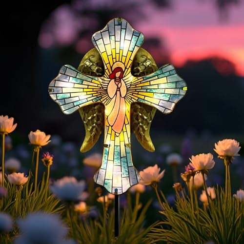 Hokfirm Solar Cross Garden Stake Lights for Outdoor,Cemetery Decorations Yard Patio Decor,Angel Wings Cross Solar Christmas Lights Outside,Memorial Gifts - Image 1