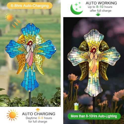 Hokfirm Solar Cross Garden Stake Lights for Outdoor,Cemetery Decorations Yard Patio Decor,Angel Wings Cross Solar Christmas Lights Outside,Memorial Gifts - Image 3