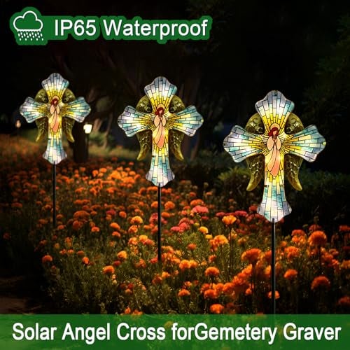 Hokfirm Solar Cross Garden Stake Lights for Outdoor,Cemetery Decorations Yard Patio Decor,Angel Wings Cross Solar Christmas Lights Outside,Memorial Gifts - Image 4