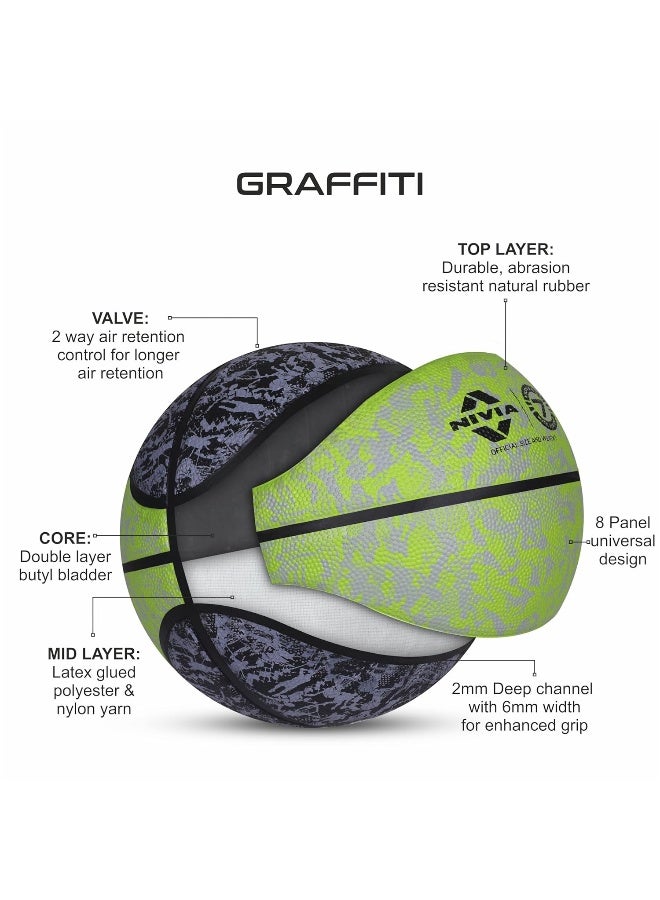 NIVIA Graffiti Basketball, As per Basic Standard, 8 Panels, Durable Rubber Cover Molded, Butyl Threadwounded Bladder, Made for Beginners, To Play on All Indoor & Outdoor Surfaces (Size- 7, Green) - Image 2