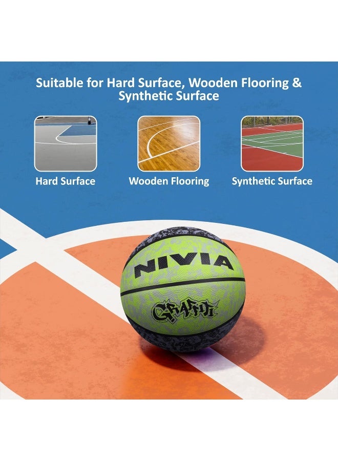 NIVIA Graffiti Basketball, As per Basic Standard, 8 Panels, Durable Rubber Cover Molded, Butyl Threadwounded Bladder, Made for Beginners, To Play on All Indoor & Outdoor Surfaces (Size- 7, Green) - Image 4