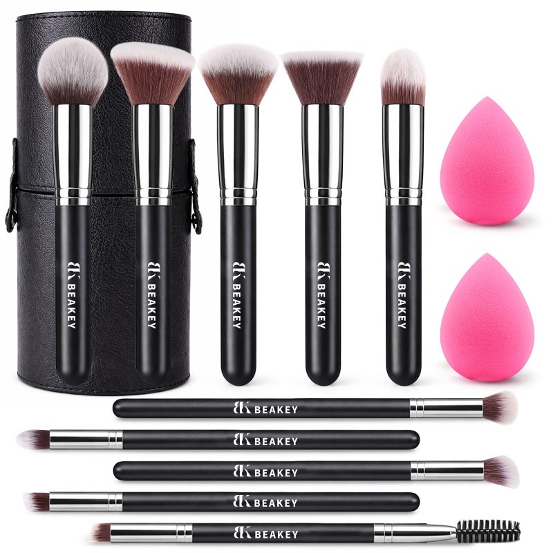 BEAKEY Makeup Brushes Sets, Brush Sets with Makeup Sponges (10+2pcs, with Black Case) - Image 1