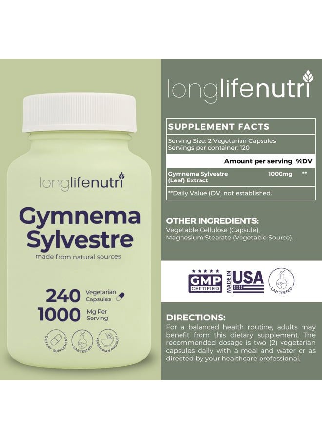 LongLifeNutri Gymnema Sylvestre 1000mg - Organic 20:1 Leaf Extract, 240 Vegetarian Capsules, 4-Month Supply, Herbal Supplement for Gut Health, GMP Certified, Made in USA - Image 2