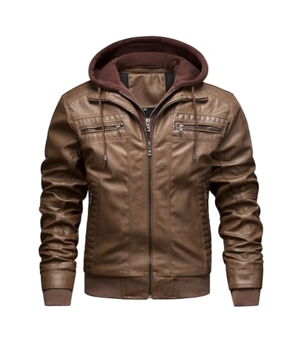 FTIMILD Men's Faux Leather Jacket Motorcycle Jacket Waterproof Windproof PU Vintage Bomber Jacket with Removable Hood - Image 1
