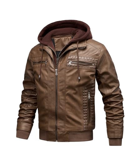 FTIMILD Men's Faux Leather Jacket Motorcycle Jacket Waterproof Windproof PU Vintage Bomber Jacket with Removable Hood - Image 3