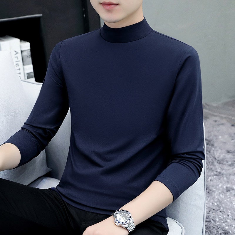 High-quality solid color mid-collar pure cotton long-sleeved T-shirt men's autumn clothes simple and thin ins style half-turtleneck base shirt - Image 1