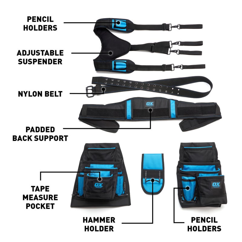 OX Pro Nylon Framing Tool Belt with Suspenders - 1680D Ballistic Nylon Tool Rig with 17 Pockets and Back Support - Image 2