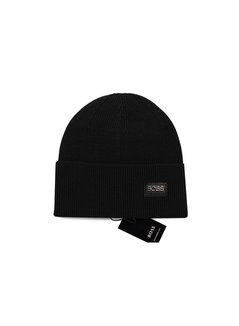 BOSS Black Knit Beanie with Embroidered Leather Brand Patch