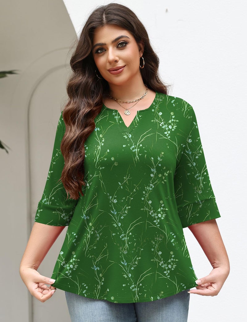 TFSDOD Plus Size Blouses for Women Elbow Sleeve V Neck Ladies Tops and Blouse Spring Outfits for Women 2026 Green Floral 5XL - Image 4