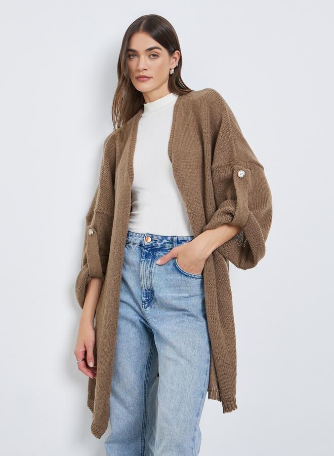 Styli Tan Brushed Yarn Longline Cardigan - Image 1