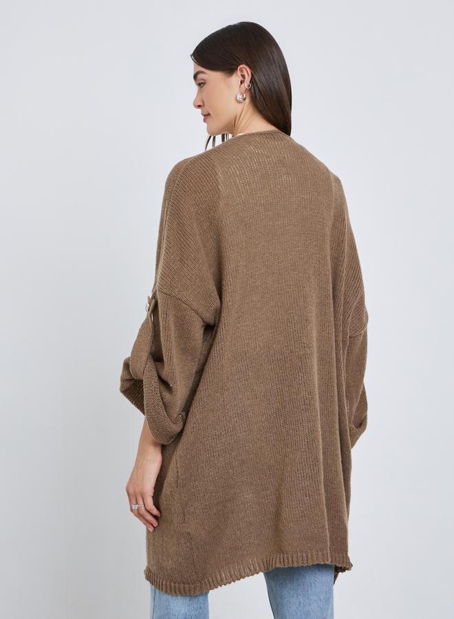 Styli Tan Brushed Yarn Longline Cardigan - Image 4