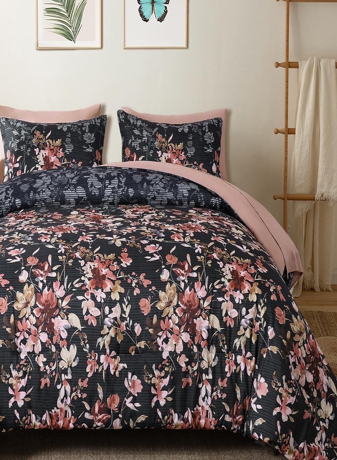 Dobuyly Queen Comforter Set, 7 Pieces Black and Pink Floral Comforter Set, Bed in a Bag Queen with Botanical Flowers Pattern, All Season farmhouse Queen Size Bedding Set with Sheets, Pillowcases & Shams - Image 1