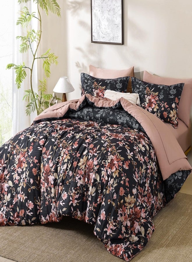 Dobuyly Queen Comforter Set, 7 Pieces Black and Pink Floral Comforter Set, Bed in a Bag Queen with Botanical Flowers Pattern, All Season farmhouse Queen Size Bedding Set with Sheets, Pillowcases & Shams - Image 2