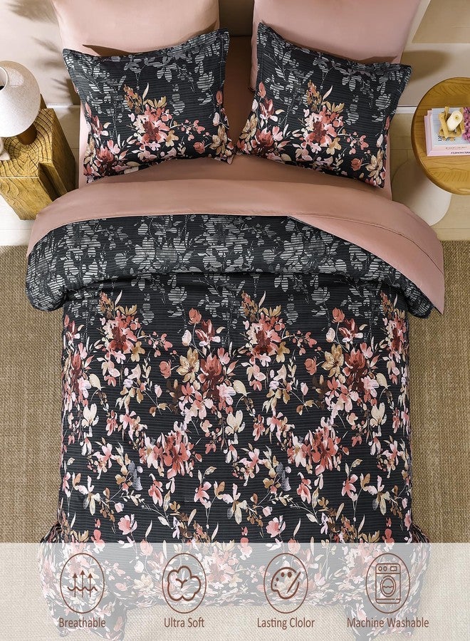 Dobuyly Queen Comforter Set, 7 Pieces Black and Pink Floral Comforter Set, Bed in a Bag Queen with Botanical Flowers Pattern, All Season farmhouse Queen Size Bedding Set with Sheets, Pillowcases & Shams - Image 3