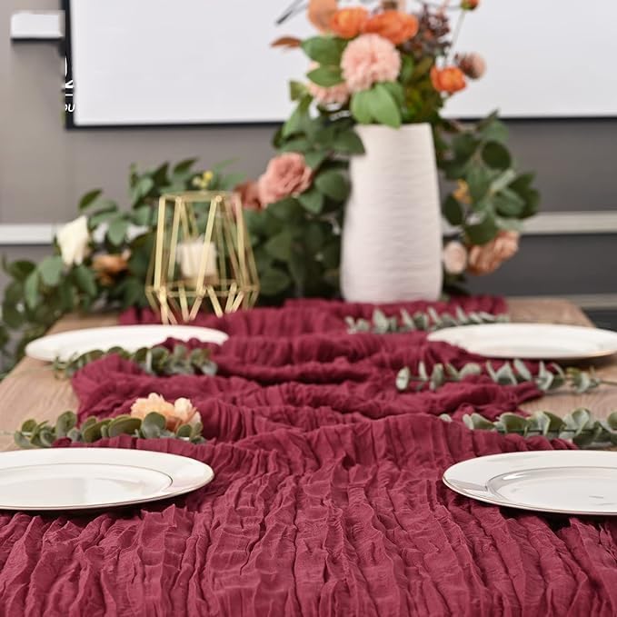 MAKINGTEC Cheesecloth Table Runner, 10Ft x 35" Rustic Gauze Boho Wedding Table Runner Decoration, Vintage Table Centerpieces, Table Cloth, for Wedding Reception Bridal Shower Birthday (1 Pack Burgundy) - Image 2