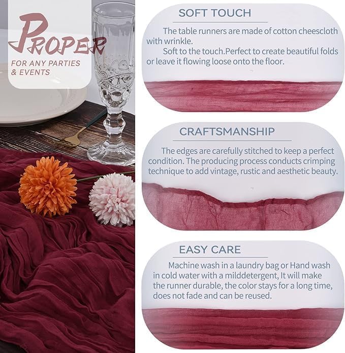 MAKINGTEC Cheesecloth Table Runner, 10Ft x 35" Rustic Gauze Boho Wedding Table Runner Decoration, Vintage Table Centerpieces, Table Cloth, for Wedding Reception Bridal Shower Birthday (1 Pack Burgundy) - Image 5