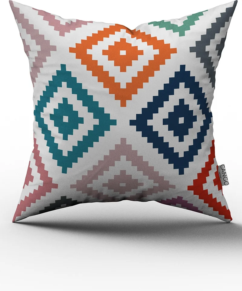 Cango Home White Multicolored Ethnic Geometric Patterned Digital Printed Double Sided Throw Pillow Cover - OTYK533-CT