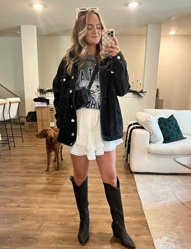 Omoone Women's Oversized Mid Long Denim Jacket Jean Biker Coat (0199-Black-L) - Image 2