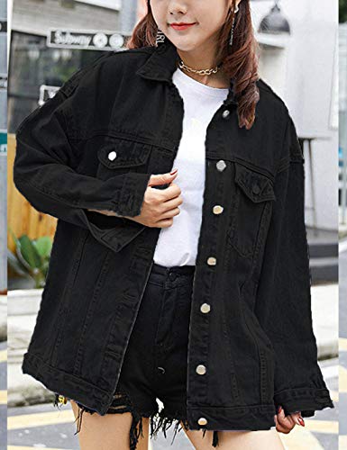 Omoone Women's Oversized Mid Long Denim Jacket Jean Biker Coat (0199-Black-L) - Image 4