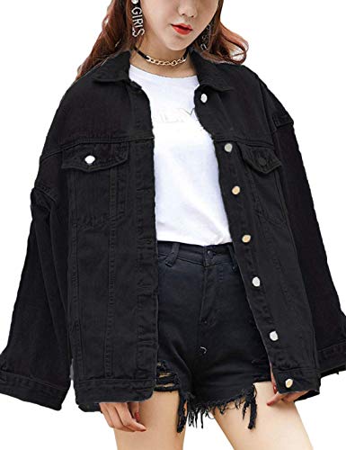 Omoone Women's Oversized Mid Long Denim Jacket Jean Biker Coat (0199-Black-L) - Image 1