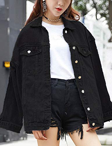 Omoone Women's Oversized Mid Long Denim Jacket Jean Biker Coat (0199-Black-L) - Image 5