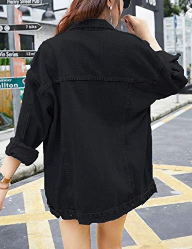 Omoone Women's Oversized Mid Long Denim Jacket Jean Biker Coat (0199-Black-L) - Image 3