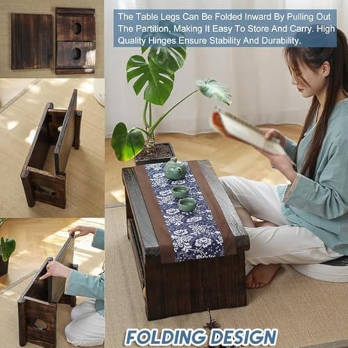 Crysellewoods Japanese Tatami Tea Table, Foldable Low Sitting Altar, Lightweight Durable Design, Sheesham Wood Walnut Finish, Brown, Model D (Folding with Storage Space) - Image 3