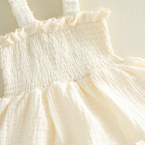 Mubineo Baby Girl Clothes Summer Dress Cotton Linen Romper Sleeveless Smocked Rompers Sun Dress Hat Skirt Boho Outfits (Solid Beige, 9-12 Months) - Image 5