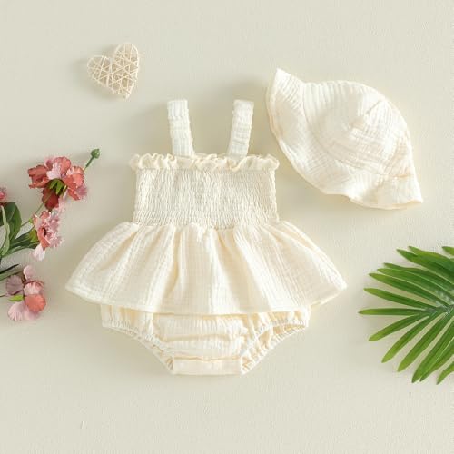 Mubineo Baby Girl Clothes Summer Dress Cotton Linen Romper Sleeveless Smocked Rompers Sun Dress Hat Skirt Boho Outfits (Solid Beige, 9-12 Months) - Image 3
