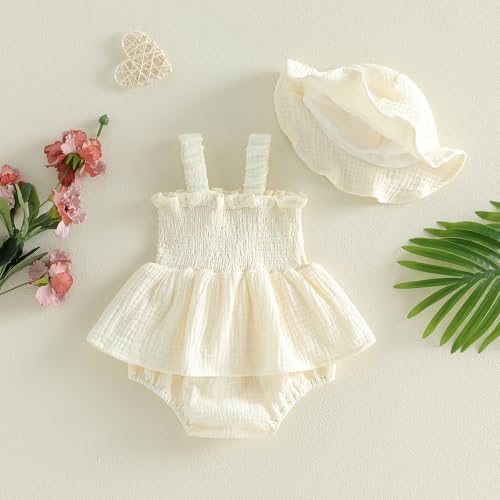 Mubineo Baby Girl Clothes Summer Dress Cotton Linen Romper Sleeveless Smocked Rompers Sun Dress Hat Skirt Boho Outfits (Solid Beige, 9-12 Months) - Image 4