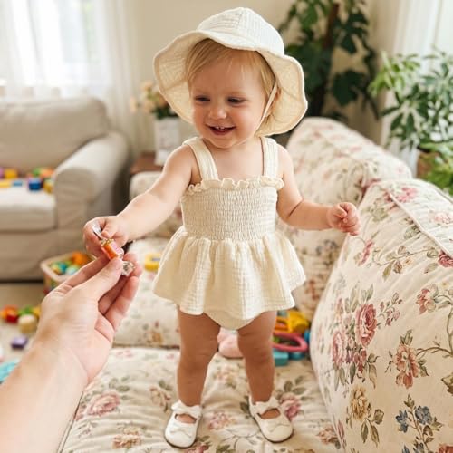 Mubineo Baby Girl Clothes Summer Dress Cotton Linen Romper Sleeveless Smocked Rompers Sun Dress Hat Skirt Boho Outfits (Solid Beige, 9-12 Months) - Image 2