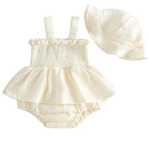 Mubineo Baby Girl Clothes Summer Dress Cotton Linen Romper Sleeveless Smocked Rompers Sun Dress Hat Skirt Boho Outfits (Solid Beige, 9-12 Months) - Image 1