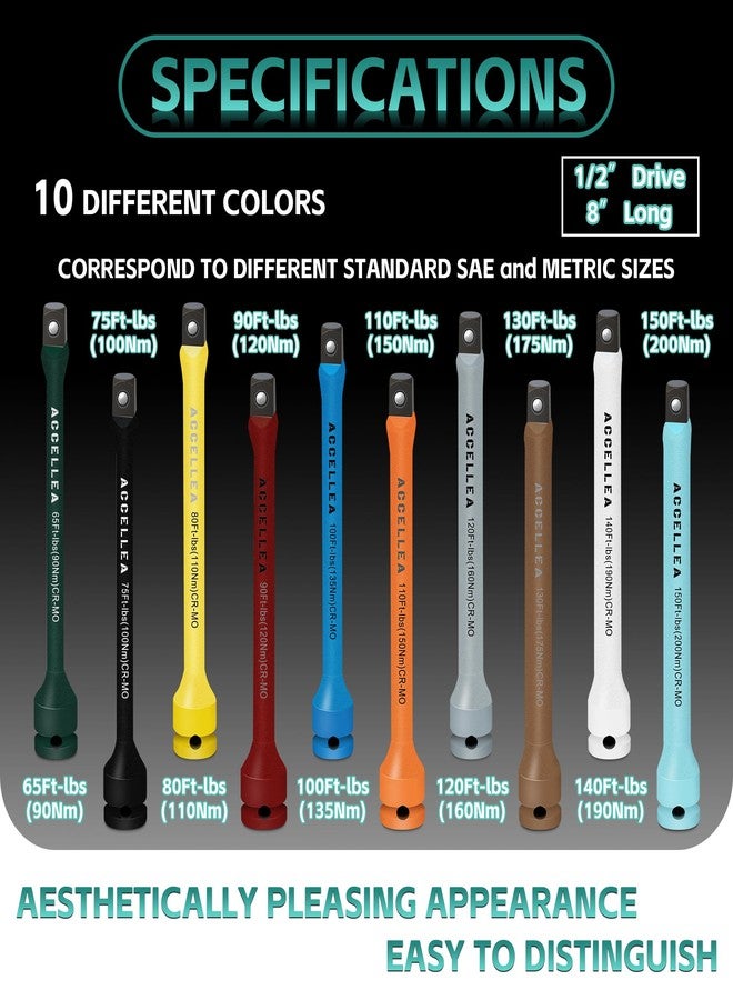 ACCELLEA 10-Piece Torque Limiting Extension Bar Set, 1/2" Drive, 8" Long, 65-150 Ft-lbs, CR-MO, SAE Standard, Color-Coded Impact Socket Extension Bar Set with Storage Case, for Tire Repair & Drills - Image 2