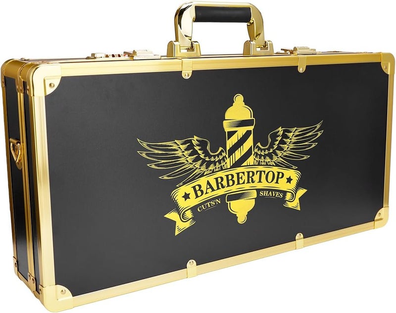 Professional Barber Supplies Case, Barber Cases for Clippers and Supplies, Hairdressing Tools Storage Case with Handle and Secure Numlock, Barber Travel (Golden)