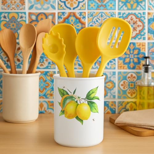 Reston Lloyd Multipurpose Utensil Crock – Holder for Spoons, Cutlery, Tools & More –Indoor/Outdoor Countertop Organizer, Fresh Lemon Pattern - Image 5